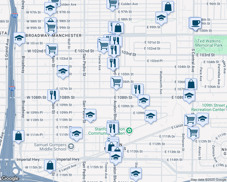map of restaurants, bars, coffee shops, grocery stores, and more near 10705 Avalon Boulevard in Los Angeles