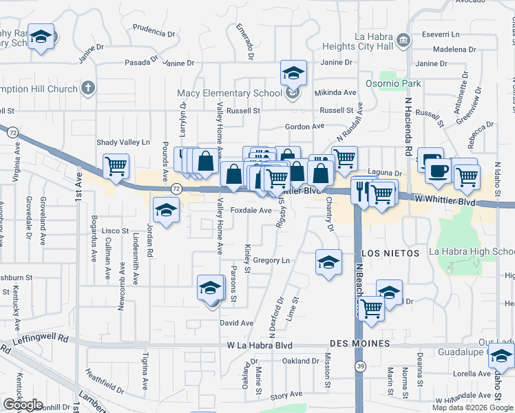 map of restaurants, bars, coffee shops, grocery stores, and more near 2411 Foxdale Avenue in La Habra