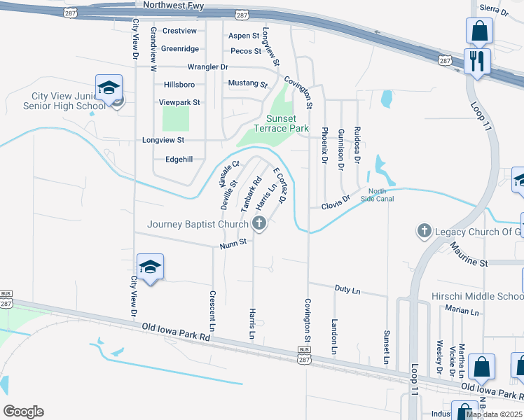 map of restaurants, bars, coffee shops, grocery stores, and more near 1411 Harris Lane in Wichita Falls