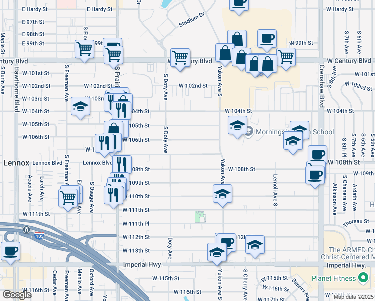 map of restaurants, bars, coffee shops, grocery stores, and more near 3711 West 107th Street in Inglewood