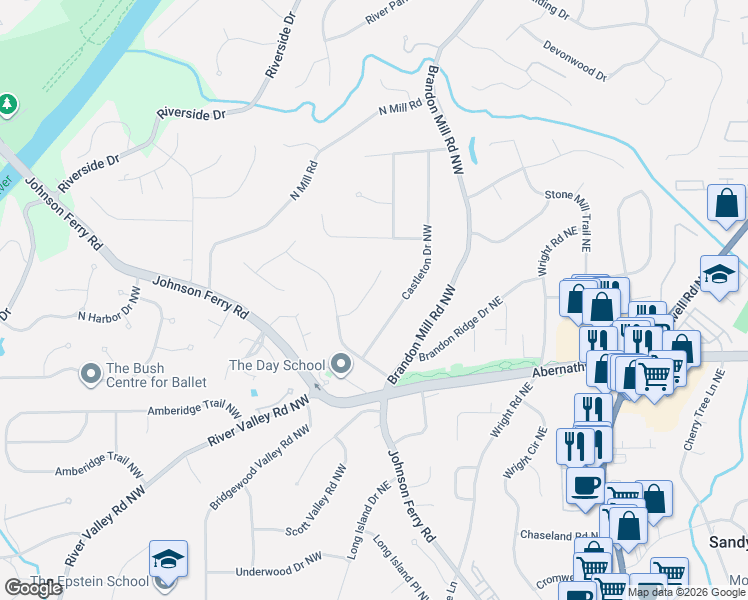 map of restaurants, bars, coffee shops, grocery stores, and more near 6725 River Springs Court Northwest in Atlanta