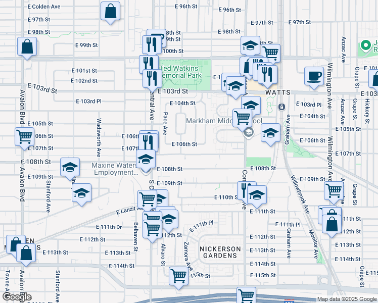 map of restaurants, bars, coffee shops, grocery stores, and more near 1317 E 107th St in Los Angeles