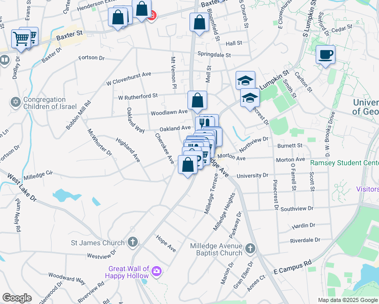 map of restaurants, bars, coffee shops, grocery stores, and more near 190 Milledge Circle in Athens