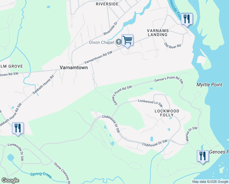 map of restaurants, bars, coffee shops, grocery stores, and more near 2944 North Court in Brunswick County