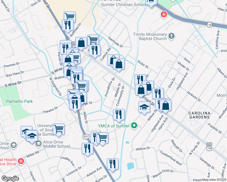 map of restaurants, bars, coffee shops, grocery stores, and more near 21 Middle Street in Sumter