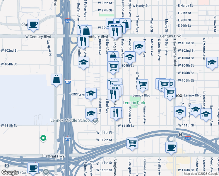 map of restaurants, bars, coffee shops, grocery stores, and more near 10710 South Burl Avenue in Lennox