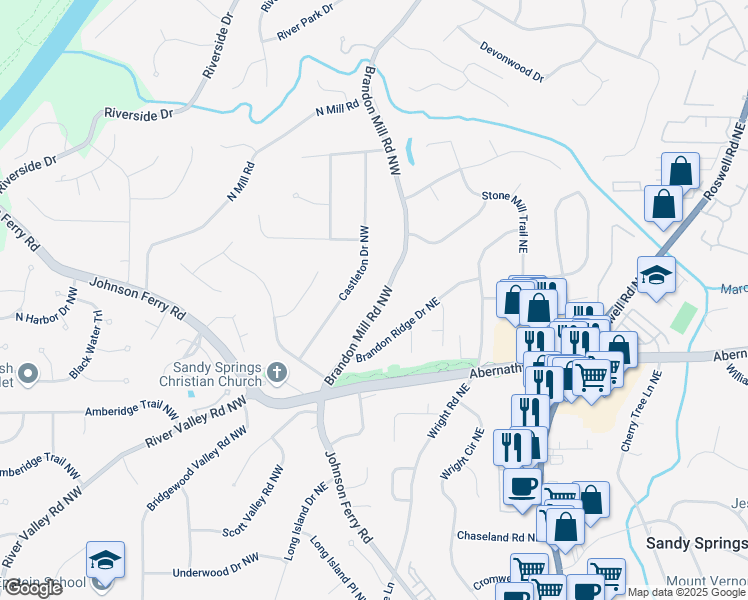 map of restaurants, bars, coffee shops, grocery stores, and more near 6728 Brandon Mill Road Northwest in Atlanta