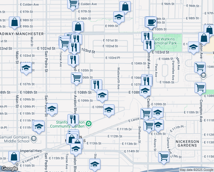 map of restaurants, bars, coffee shops, grocery stores, and more near 810 East 107th Street in Los Angeles