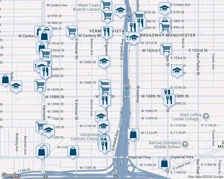 map of restaurants, bars, coffee shops, grocery stores, and more near 432 West 107th Street in Los Angeles