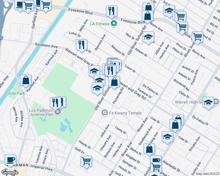 map of restaurants, bars, coffee shops, grocery stores, and more near 11942 Old River School Road in Downey