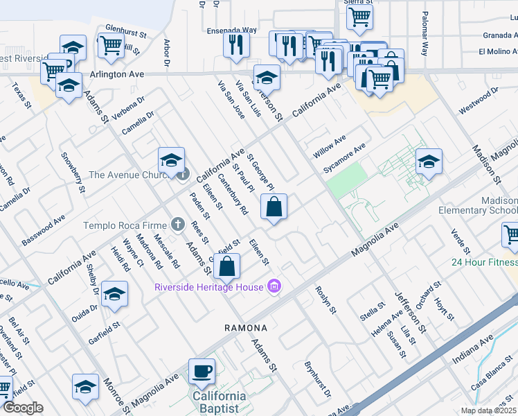 map of restaurants, bars, coffee shops, grocery stores, and more near 4044 Saint Paul Place in Riverside