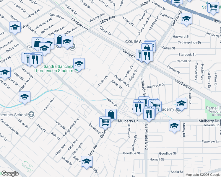 map of restaurants, bars, coffee shops, grocery stores, and more near 10535 Corley Drive in Whittier
