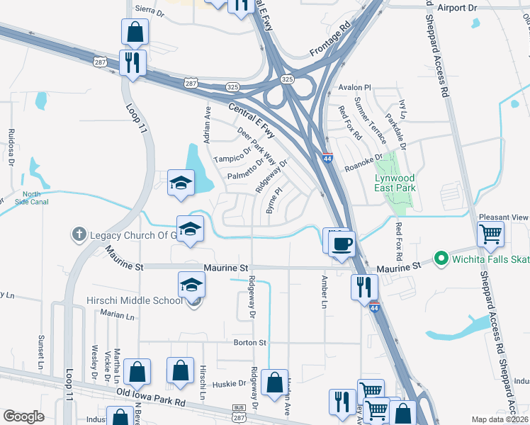 map of restaurants, bars, coffee shops, grocery stores, and more near 2724 Byrne Place in Wichita Falls