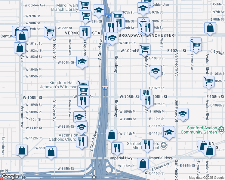 map of restaurants, bars, coffee shops, grocery stores, and more near 302 West 107th Street in Los Angeles