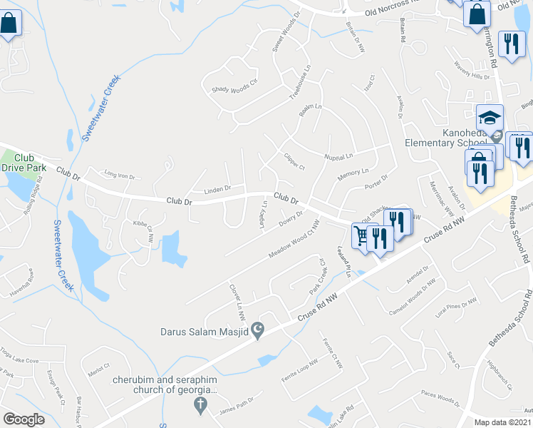map of restaurants, bars, coffee shops, grocery stores, and more near 1059 Legacy Lane in Lawrenceville