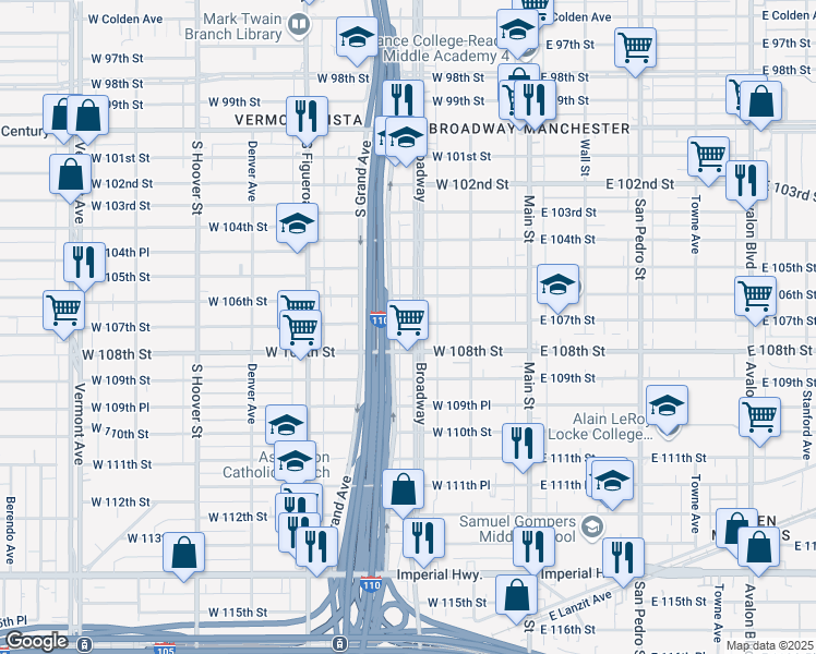 map of restaurants, bars, coffee shops, grocery stores, and more near 302 West 107th Street in Los Angeles