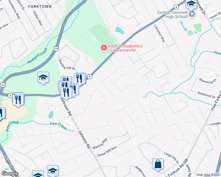 map of restaurants, bars, coffee shops, grocery stores, and more near 140 Harrington Lane in Lawrenceville