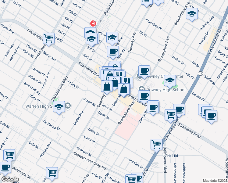 map of restaurants, bars, coffee shops, grocery stores, and more near in Downey