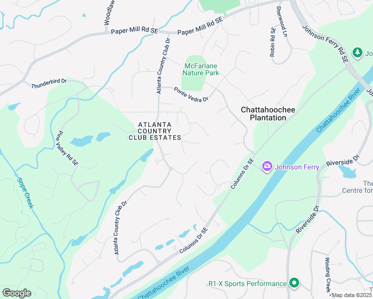 map of restaurants, bars, coffee shops, grocery stores, and more near 4505 Chattahoochee Plantation Drive Southeast in Marietta