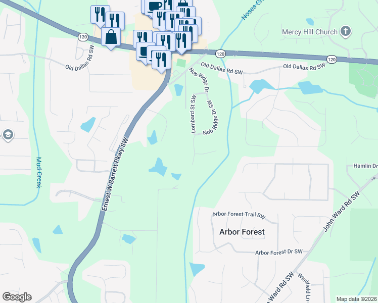map of restaurants, bars, coffee shops, grocery stores, and more near 828 Nob Ridge Drive Southwest in Marietta