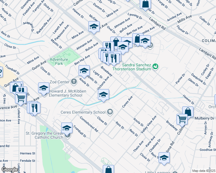 map of restaurants, bars, coffee shops, grocery stores, and more near 10245 Elmore Avenue in Whittier
