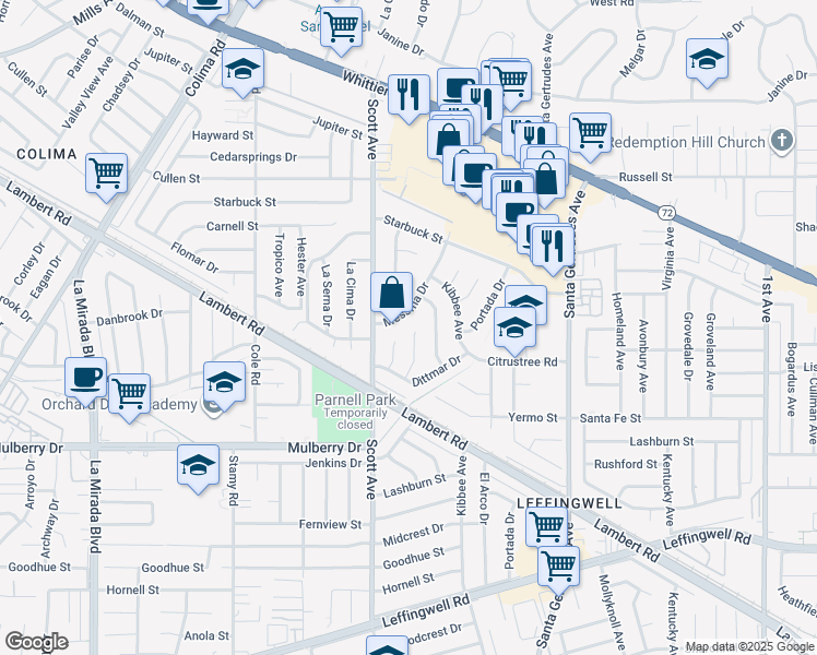 map of restaurants, bars, coffee shops, grocery stores, and more near 10607 La Alba Drive in Whittier