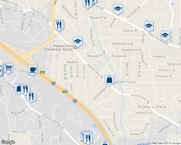 map of restaurants, bars, coffee shops, grocery stores, and more near 568 Mayjo Court Southeast in Marietta