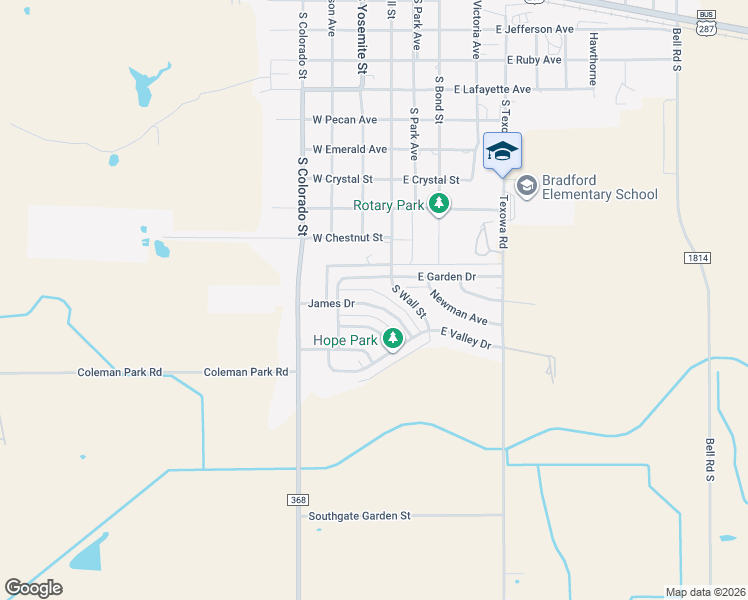 map of restaurants, bars, coffee shops, grocery stores, and more near 122 James Drive in Iowa Park