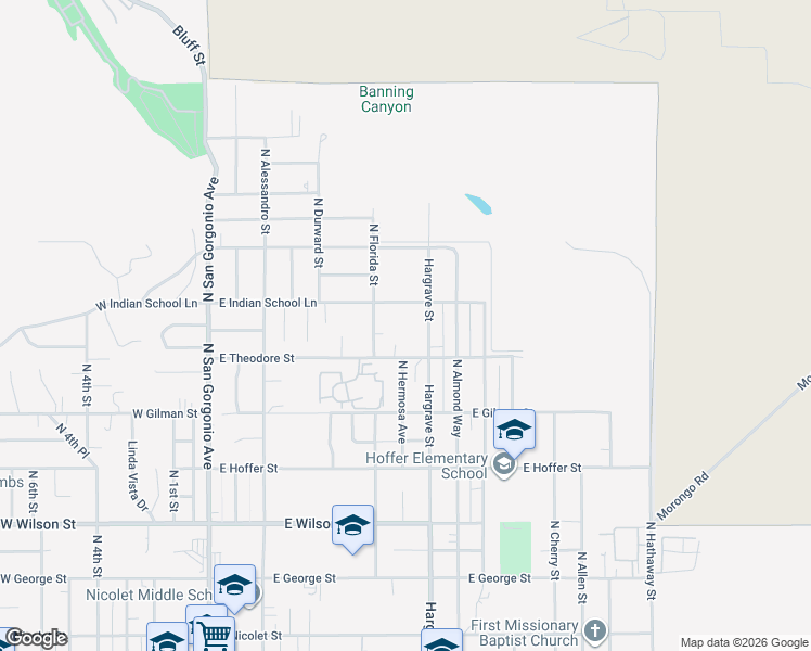 map of restaurants, bars, coffee shops, grocery stores, and more near 1485 North Hargrave Street in Banning