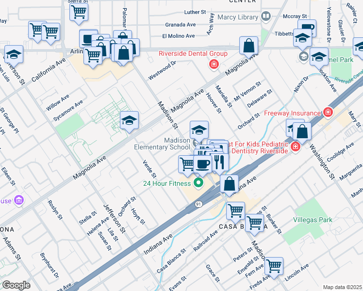 map of restaurants, bars, coffee shops, grocery stores, and more near 7515 Delaware Street in Riverside
