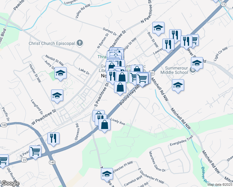 map of restaurants, bars, coffee shops, grocery stores, and more near 148 Carlyle Street Northwest in Norcross
