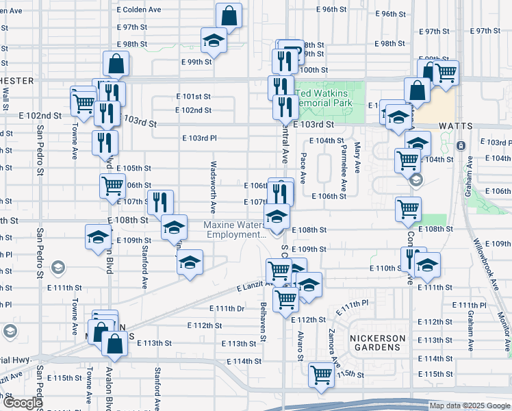 map of restaurants, bars, coffee shops, grocery stores, and more near 1114 East 107th Street in Los Angeles