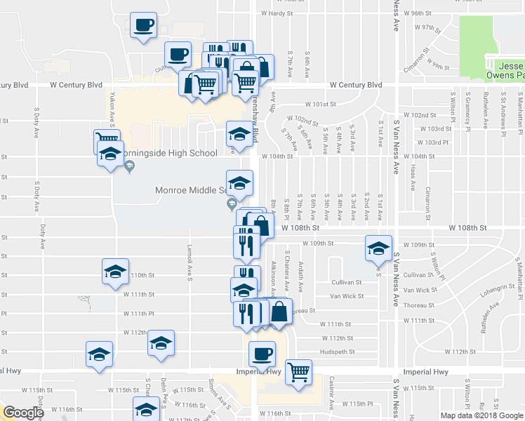 map of restaurants, bars, coffee shops, grocery stores, and more near 10634 Crenshaw Boulevard in Inglewood