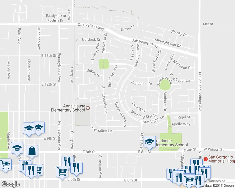 map of restaurants, bars, coffee shops, grocery stores, and more near 1124 Burgundy Rose Way in Beaumont
