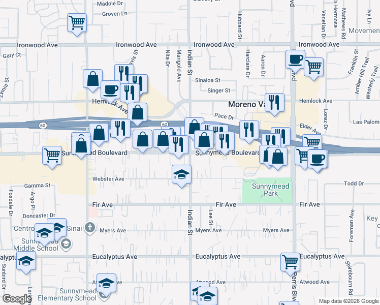 map of restaurants, bars, coffee shops, grocery stores, and more near 24465 Sunnymead Boulevard in Moreno Valley