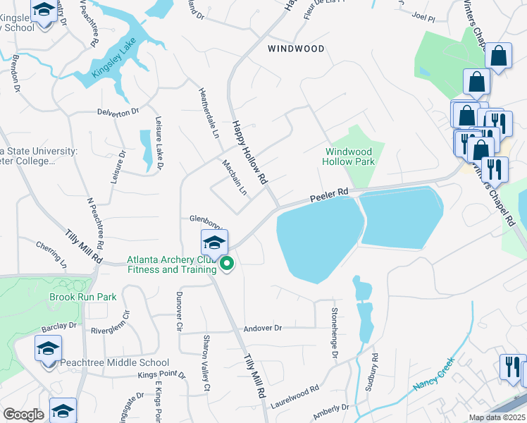 map of restaurants, bars, coffee shops, grocery stores, and more near 2740 Peeler Road in Doraville