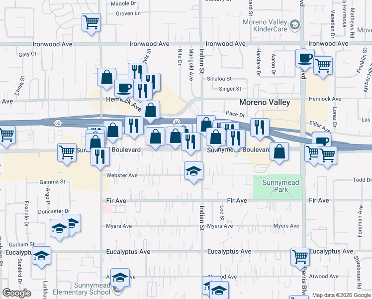 map of restaurants, bars, coffee shops, grocery stores, and more near Sunnymead Boulevard in Moreno Valley