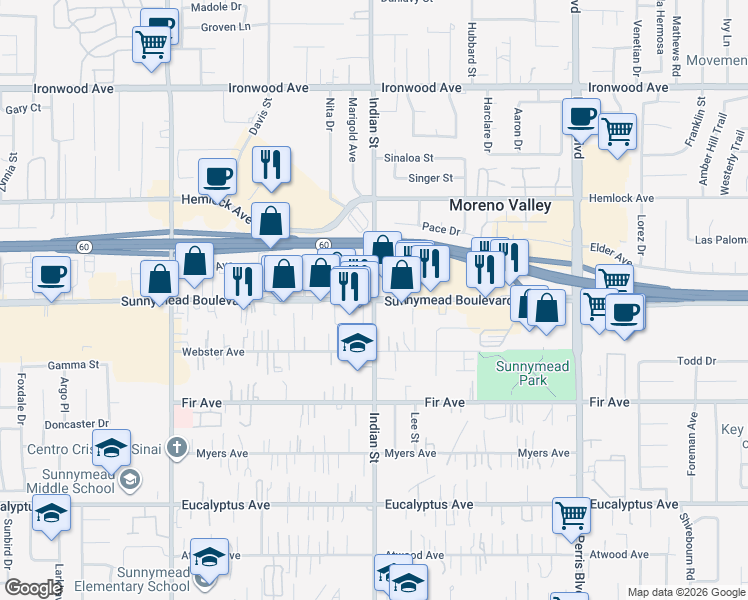 map of restaurants, bars, coffee shops, grocery stores, and more near 24465 Sunnymead Boulevard in Moreno Valley