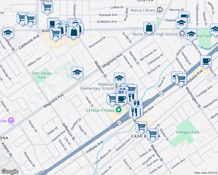 map of restaurants, bars, coffee shops, grocery stores, and more near 7515 Delaware Street in Riverside