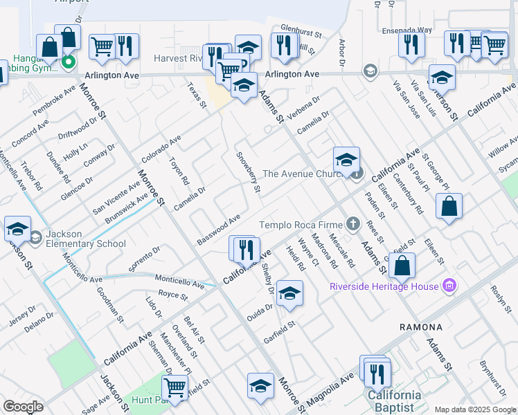 map of restaurants, bars, coffee shops, grocery stores, and more near 8507 Basswood Avenue in Riverside