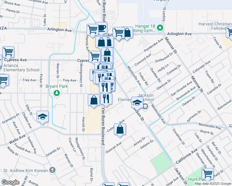 map of restaurants, bars, coffee shops, grocery stores, and more near 4790 Jackson Street in Riverside