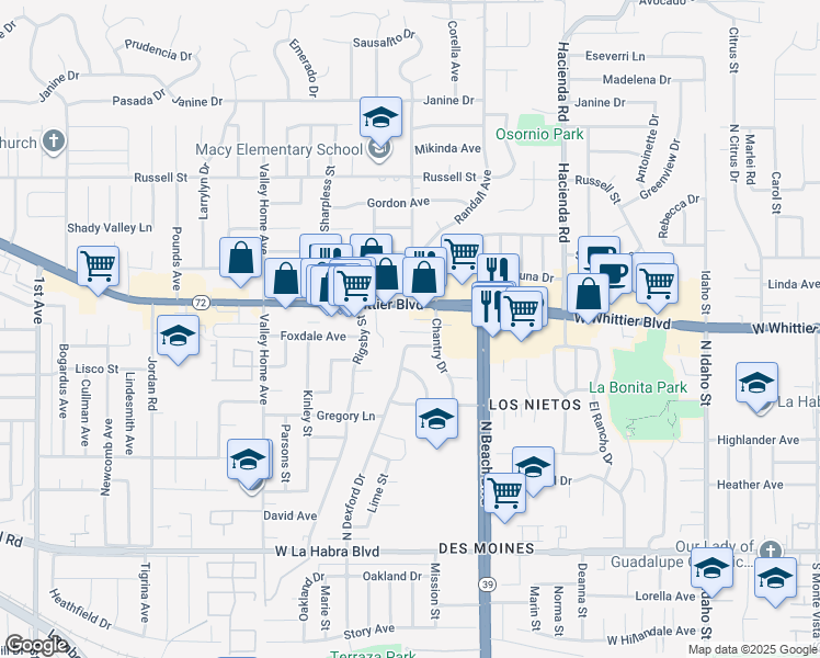 map of restaurants, bars, coffee shops, grocery stores, and more near 2232 Kenrich Court in La Habra