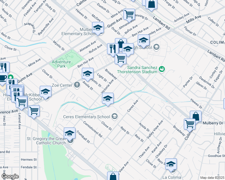 map of restaurants, bars, coffee shops, grocery stores, and more near 10245 Elmore Avenue in Whittier