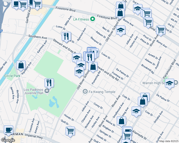 map of restaurants, bars, coffee shops, grocery stores, and more near 7564 Nada Street in Downey