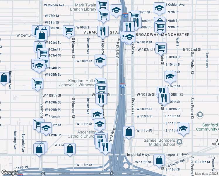 map of restaurants, bars, coffee shops, grocery stores, and more near 408 West 107th Street in Los Angeles