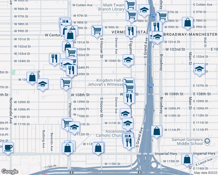 map of restaurants, bars, coffee shops, grocery stores, and more near 616 West 107th Street in Los Angeles