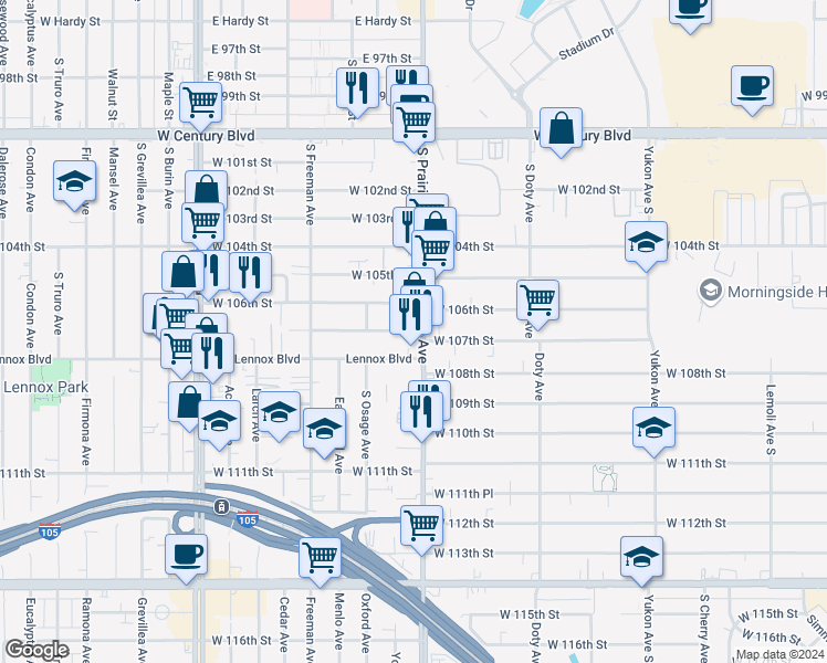 map of restaurants, bars, coffee shops, grocery stores, and more near 10626 Prairie Avenue in Inglewood