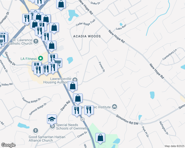 map of restaurants, bars, coffee shops, grocery stores, and more near 166 Tall Timber Court in Lawrenceville
