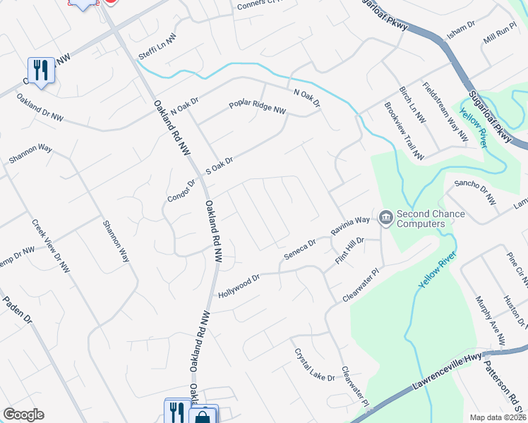map of restaurants, bars, coffee shops, grocery stores, and more near 535 Woodburn Lane in Lawrenceville