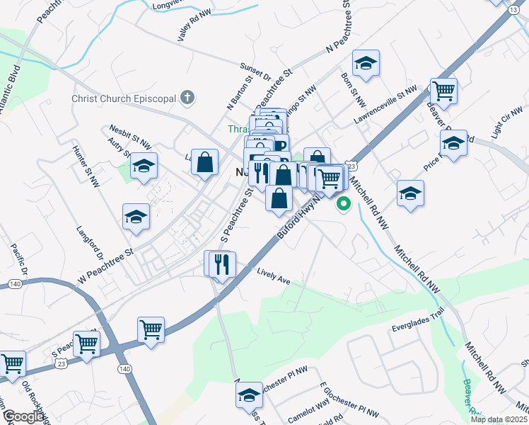 map of restaurants, bars, coffee shops, grocery stores, and more near 130 Carlyle Street Northwest in Norcross